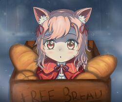  :o aged_down animal_ear_fluff animal_ears baguette blush bow box bread capelet cardboard_box english_commentary eyebrows_hidden_by_hair female food hairbow harry_david highres looking_at_viewer medium_hair nini_yuuna nini_yuuna_(2nd_costume) open_mouth parted_lips pink_eyes pink_hair rain red_bow solo straight-on tsunderia virtual_youtuber 