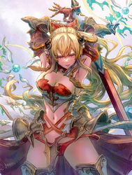  armor armpits arms_up bikini_armor blonde_hair breasts cleavage commentary cowboy_shot english_commentary fake_horns female gauntlets granblue_fantasy hair_between_eyes highres holding holding_sword holding_weapon horns large_breasts leg_armor long_hair looking_at_viewer mitsu_plus mixed-language_commentary navel panties parted_lips pink_eyes ponytail red_armor red_panties revealing_clothes smile solo sword thighhighs underwear vira_(granblue_fantasy) weapon 