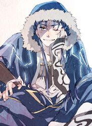  1boy ayataka_(321ayataka) blue_hair bracelet capelet closed_mouth cu_chulainn_(caster)_(fate) cu_chulainn_(fate) fate/grand_order fate_(series) fur-trimmed_hood fur_trim grin head_rest highres hood hood_up hooded_capelet jewelry long_hair looking_at_viewer male_focus one_eye_closed simple_background sitting smile solo white_background 