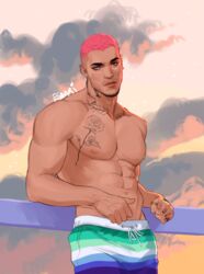  1boy abs bara bored chest_tattoo cloud cowboy_shot esaart facial_hair flower_tattoo gay_male_pride_flag goatee heterochromia highres large_pectorals looking_at_viewer male_focus male_swimwear mature_male muscular muscular_male mustache_stubble navel nipples original pectorals pink_hair print_male_swimwear short_hair solo stomach stubble swim_trunks tattoo thick_eyebrows topless_male undercut 