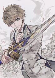  1boy arthur_pendragon_(fate) arthur_pendragon_(white_rose)_(fate) blonde_hair blue_eyes closed_mouth coat ebanoniwa excalibur_(fate/stay_night) fate/grand_order fate_(series) finger_to_mouth flower holding holding_sword holding_weapon index_finger_raised long_sleeves looking_at_viewer male_focus pants rose shushing smile solo sword tailcoat vest weapon white_coat white_flower white_pants white_rose white_vest 