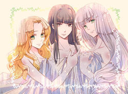  3girls black_hair blonde_hair blue_eyes brown_eyes curly_hair dress harushino hrist_valkyrie lenneth_valkyrie long_hair multiple_girls pale_skin siblings silmeria_valkyrie sisters straight_hair valkyrie valkyrie_profile_(series) white_dress white_hair 