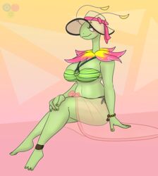  absurd_res anthro anthrofied beachwear bikini bottomwear cheryl_bruneval_(faltzhargen) clothing elemental_creature female flora_fauna generation_2_pokemon hambor12 hat headgear headwear hi_res meganium nintendo plant pokemon pokemon_(species) pokemorph skirt solo sun_hat swimwear 