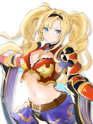  armor belt belt_buckle black_hairband blonde_hair blue_eyes blue_skirt bra braid breasts brown_belt buckle closed_mouth cowboy_shot crop_top female granblue_fantasy hair_intakes hairband large_breasts long_hair long_sleeves looking_at_viewer midriff navel red_armor red_bra ruwo_benzen shawl sidelocks simple_background single_braid skirt solo twintails underwear white_background zeta_(granblue_fantasy) 