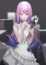  absurdres colored_inner_hair dress earrings female flower frilled_dress frills highres jewelry long_hair looking_at_viewer multicolored_hair nail_polish original piercing pink_hair purple_eyes purple_hair solo standing teizen_(niwamaee) white_dress white_flower 