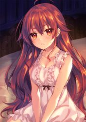  :&lt; ahoge bare_arms bare_shoulders bed blush breasts center_frills cleavage closed_mouth collarbone commentary_request dress eris_greyrat female frills hair_between_eyes indoors long_hair looking_at_viewer medium_breasts mushoku_tensei red_eyes red_hair sleeveless sleeveless_dress solo sorai_shin&#039;ya sweat thick_eyebrows v_arms very_long_hair white_dress 