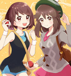  2girls :d backpack bad_id bad_twitter_id bag black_dress blush brown_bag brown_eyes brown_hair buttons cardigan collared_dress commentary_request cosplay costume_switch dress eyelashes gloria_(pokemon) green_(pokemon) green_headwear grey_cardigan hands_up haru_(haruxxe) hat highres holding holding_poke_ball hooded_cardigan long_hair multiple_girls open_mouth pink_dress poke_ball poke_ball_(basic) pokemon pokemon_lgpe pokemon_swsh short_dress sleeveless smile tam_o&#039;_shanter teeth white_wristband 