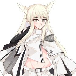  animal_ears arknights black_gloves blunt_bangs commentary_request crop_top female gloves grey_eyes groin jacket long_hair looking_at_viewer midriff navel partial_commentary platinum_(arknights) simple_background solo stomach tsuchinoko_snake upper_body very_long_hair white_background white_hair white_jacket 