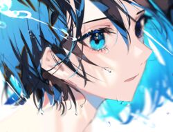  1other androgynous bad_id bad_pixiv_id blue_eyes blue_hair blurry blurry_foreground close-up commentary crying crying_with_eyes_open eyelashes highres looking_at_viewer mizumi_zumi original parted_lips portrait short_hair simple_background symbol-only_commentary tears water_drop white_background 