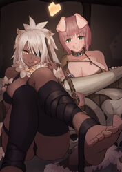  2girls :p :q absurdres animal_ears bell_orgel blush breasts cleavage closed_mouth collar collarbone commentary crossed_legs dark-skinned_female dark_skin eyepatch feet female_orc green_eyes heart high_orc_(monster_girl_encyclopedia) highres huge_breasts jewelry large_breasts licking_lips looking_at_viewer monster_girl monster_girl_encyclopedia multiple_girls necklace orc orc_(monster_girl_encyclopedia) pig_ears red_hair single_thighhigh sitting smile soles thighhighs toes tongue tongue_out very_dark_skin white_hair yellow_eyes you_gonna_get_raped 