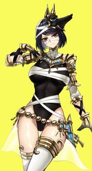  absurdres alternate_costume bandages black_leotard breasts casul closed_mouth egyptian egyptian_clothes female genshin_impact gold highleg highleg_leotard highres jewelry kujou_sara large_breasts leotard looking_at_viewer mask mask_on_head short_hair solo thighhighs yellow_eyes 