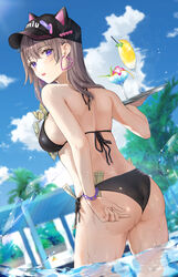  animal_hat ass back baseball_cap bikini black_bikini blush breasts brown_hair cat_hat chains champagne_flute cloud cocktail cocktail_glass cup day drinking_glass drinking_straw earrings female hair_between_eyes halterneck hat heart heart_earrings highres imo_norio jewelry long_hair looking_at_viewer looking_back medium_breasts money object_in_clothes object_in_swimsuit open_mouth original outdoors peaked_cap purple_eyes side-tie_bikini_bottom sideboob sky solo splashing string_bikini swimsuit tray tropical_drink tucked_money wading waitress water wet 