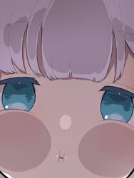  :i aharen-san_wa_hakarenai aharen_reina cheek_press close-up commentary_request dot_nose female green_eyes highres inoshishi969 looking_at_viewer parted_lips pout puffy_cheeks purple_hair solid_eyes solo 