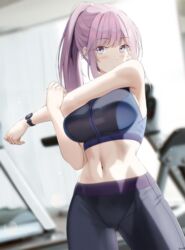  armpit_crease bad_id bad_pixiv_id black_legwear blush breasts closed_mouth commentary_request crop_top female gym highres keenh large_breasts light_particles long_hair looking_at_viewer midriff navel original pants partial_commentary pink_eyes pink_hair ponytail solo sports_bra sportswear stretching sweatpants two-tone_sports_bra watch wristwatch 