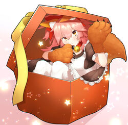  absurdres animal_ear_fluff animal_ears animal_hands apron bell blush box breasts cat_paws chiri_214 christmas collar fate/grand_order fate_(series) female fox_ears fox_girl fox_tail gift gift_box gloves hair_ribbon highres in_box in_container jingle_bell large_breasts long_hair looking_at_viewer neck_bell oerba_yun_fang paw_gloves pink_hair ponytail red_ribbon ribbon skin_fang solo tail tamamo_(fate) tamamo_cat_(fate) tamamo_cat_(second_ascension)_(fate) yellow_eyes 