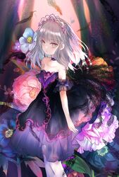  bare_shoulders black_dress black_feathers breasts choker closed_mouth commentary detached_sleeves dress feathers feet_out_of_frame female flower frills grey_eyes grey_hair highres kazu_(muchuukai) long_hair looking_at_viewer off_shoulder original small_breasts solo standing 