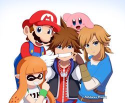  3boys blue_eyes brown_hair champion&#039;s_tunic_(zelda) facial_hair fangs female fingerless_gloves gloves highres inkling inkling_girl inkling_player_character jewelry kingdom_hearts kirby kirby_(series) link long_hair looking_at_viewer mario mario_(series) mole mole_under_mouth moustache multiple_boys necklace oerba_yun_fang open_mouth overalls patdarux pointy_ears red_hair short_hair simple_background smile sora_(kingdom_hearts) spiked_hair splatoon_(series) splatoon_1 squid super_smash_bros. tentacle_hair the_legend_of_zelda the_legend_of_zelda:_breath_of_the_wild 