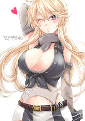  arm_behind_head belt blonde_hair blue_eyes breasts brown_belt cleavage dated elbow_gloves female front-tie_top gloves heart iowa_(kancolle) kantai_collection large_breasts matsuura@parao miniskirt navel one-hour_drawing_challenge one_eye_closed signature skirt solo star-shaped_pupils star_(symbol) striped_clothes striped_skirt symbol-shaped_pupils vertical-striped_clothes vertical-striped_skirt white_background wrist_cuffs 