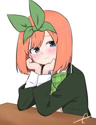  blue_eyes blush bow closed_mouth collared_shirt commentary eyebrows_hidden_by_hair female go-toubun_no_hanayome green_bow green_jacket green_ribbons hair_ribbon highres jacket kujou_karasuma looking_at_viewer nakano_yotsuba open_clothes open_jacket orange_hair ribbon shirt signature simple_background smile solo sweater_vest symbol-only_commentary upper_body white_background white_shirt 