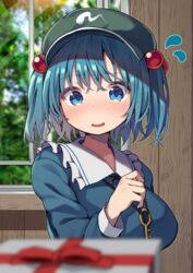  absurdres blue_eyes blue_hair blurry blurry_background blurry_foreground blush breasts cabbie_hat commentary_request female flying_sweatdrops frilled_shirt_collar frills gift giving green_hat hair_bobbles hair_ornament hand_up hat highres indoors kawashiro_nitori key large_breasts long_sleeves mamemochi nervous_smile nose_blush short_hair smile solo touhou two_side_up upper_body window wooden_wall 