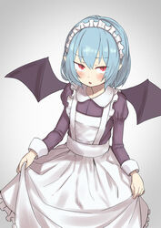  :o alternate_costume apron bat_wings black_dress blue_hair blush commentary_request dress enmaided feet_out_of_frame female flat_chest from_above gradient_background grey_background highres holding isemori juliet_sleeves long_hair long_sleeves maid maid_headdress puffy_sleeves red_eyes remilia_scarlet short_hair simple_background skirt skirt_hold slit_pupils solo standing touhou white_apron wings 