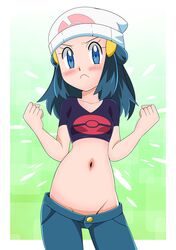  arms_up beanie blue_eyes blue_hair blue_pants blush copyright_notice crop_top dawn_(pokemon) female groin hainchu hat highres hip_bones loose_pants lowleg lowleg_pants midriff navel no_panties pants pokemon pokemon_(anime) pokemon_dppt_(anime) sagging_pants solo 