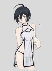  1boy absurdres ahoge alternate_costume artist_name bare_shoulders black_hair black_panties brown_eyes cleavage_cutout clothing_cutout cropped_legs crossdressing danganronpa_(series) danganronpa_v3:_killing_harmony dress ewa_(seraphhuiyu) grey_background grey_dress hand_up highres male_focus panties saihara_shuichi short_hair simple_background solo underwear 