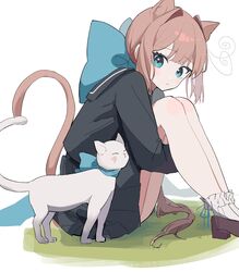  :o ahute animal_ears ankle_socks antenna_hair bad_id bad_pixiv_id blue_eyes blush bow brown_hair cat_ears cat_girl cat_tail commentary feline female hair_intakes hairbow heart heart_tail_duo highres hugging_own_legs knees_up large_bow long_hair looking_at_animal looking_to_the_side marine_(ahute) on_grass original parted_lips pleated_skirt ponytail school_uniform serafuku sitting skirt socks solo tail very_long_hair white_cat 