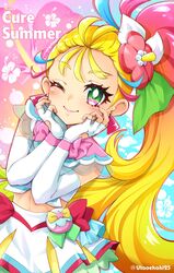  ;) blonde_hair blush character_name closed_mouth commentary cure_summer earrings elbow_gloves female fingerless_gloves flower gloves green_eyes hair_flower hair_ornament head_rest highres jewelry long_hair looking_at_viewer magical_girl midriff multicolored_hair natsuumi_manatsu navel one_eye_closed pink_hair precure see-through side_ponytail skirt smile solo standing tropical-rouge!_precure twitter_username uta_(yagashiro25) very_long_hair white_skirt 