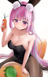  absurdres ahoge anchor_necklace animal_ear_fluff animal_ears black_leotard black_pantyhose blue_hair blue_nails blush breasts carrot cleavage fake_animal_ears female highres holding holding_carrot hololive jewelry large_breasts leotard long_hair looking_at_viewer minato_aqua mochiki_927 multicolored_hair nail_polish necklace pantyhose pink_hair playboy_bunny purple_eyes rabbit_ears smile solo streaked_hair very_long_hair virtual_youtuber 