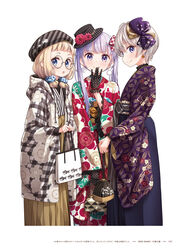  3girls bespectacled black_gloves blonde_hair blue_scrunchie bow brown_hakama copyright_name earrings floral_print flower frilled_sleeves frills glasses gloves grey_hair hair_ornament hair_scrunchie hairbow hakama hakama_skirt hat hat_flower highres hoshikawa_hotaru japanese_clothes jewelry kimono long_hair long_sleeves looking_at_viewer low_twintails multiple_girls new_game! official_art open_mouth page_number polka_dot_gloves polka_dot_headwear print_kimono purple_bow red_flower red_kimono red_ribbon ribbon round_eyewear sakura_nene scrunchie short_hair short_twintails skirt smile standing star_(symbol) star_earrings striped_clothes striped_headwear striped_kimono suzukaze_aoba tokunou_shoutarou twintails white_background wide_sleeves 