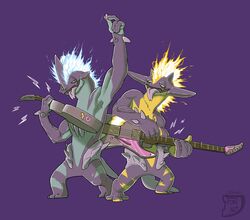  arm_up bad_id bad_twitter_id commentary english_commentary francesco_di_mauro furry highres holding holding_instrument holding_plectrum instrument music oerba_yun_fang open_mouth playing_instrument plectrum pokemon pokemon_(creature) purple_background simple_background skin_fang standing toes tongue tongue_out toxtricity toxtricity_(amped) toxtricity_(low_key) watermark 