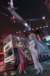  2girls absurdres aircraft airplane alexandra_viktorovna_dashkova_(tukikagerou) aqua_eyes breasts brown_hair bus china_dress chinese_clothes chinese_text commission copyright_request double-decker_bus dress grey_hair highres hong_kong japan_airlines large_breasts md-11 medium_hair motor_vehicle multiple_girls night original png_pant_(bus) red_dress red_eyes sharifah_ozdil_(tukikagerou) side_slit skeb_commission white_dress 