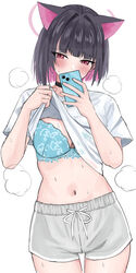  alternate_costume animal_ears aqua_bra black_choker black_hair blue_archive blunt_ends blush bra breasts cat_ears choker clothes_lift colored_inner_hair dolphin_shorts extra_ears female grey_shorts halo highres holding holding_phone kazusa_(blue_archive) looking_at_viewer medium_breasts multicolored_hair navel phone pink_eyes pink_hair selfie shirt shirt_lift short_hair shorts simple_background solo steaming_body stomach sweat tsumayouji_(tumayog) two-tone_hair underwear white_background white_shirt 