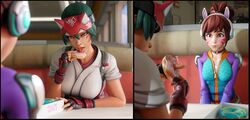  2girls 3d asian asian_female bedroom_eyes blizzard_entertainment blush blushing brown_hair d.va donut doughnut female female_only fingerless_gloves flirting fugtrup fully_clothed green_hair half-closed_eyes hana_song implied_oral implied_yuri japanese japanese_female kiriko_(overwatch) kiriko_kamori korean korean_female lesbian multiple_girls overwatch overwatch_2 pale-skinned_female pale_skin penetration_gesture seducing seductive seductive_eyes seductive_look seductive_mouth seductive_smile suggestive suggestive_food suggestive_gesture suggestive_look suggestive_pose teasing yuri 