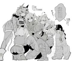  2boys 4girls ahoge artist_name baggy_pants belt bent_over black_thighhighs boots breasts burnice_white caesar_king_(zenless_zone_zero) carrying closed_eyes closed_mouth clothes_writing clothing_cutout collar collared_shirt cowlick cropped_jacket crossed_bangs detached_sleeves dot_nose english_text full_body furrowed_brow glasses greyscale hair_between_eyes hair_bun hair_intakes hair_ornament hand_on_another&#039;s_head hand_on_another&#039;s_thigh high_heels highres horns jacket jitome kneeling large_breasts large_hands lighter_(zenless_zone_zero) long_hair looking_at_another luciana_de_montefio medium_hair messy_hair midriff monochrome multiple_boys multiple_girls no_mouth nukuikn on_one_knee pants piper_wheel pleated_skirt princess_carry shirt short_hair side_ponytail simple_background skirt slit_pupils small_breasts speech_bubble squatting staring studded_jacket sweat sweatdrop thigh_cutout thighhighs translation_request twitter_username two_side_up very_long_hair watermark wavy_mouth white_background wise_(zenless_zone_zero) zenless_zone_zero zettai_ryouiki 