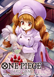  apron baking blunt_bangs brown_hair cake charlotte_pudding chef_hat commentary_request copyright_name drill_hair earrings female food from_above hat holding jewelry official_art one_piece one_piece_card_game open_mouth solo strawberry_shortcake tsurugi_hagane twintails whipped_cream 