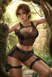  1girls alternate_version_available breasts brown_eyes brown_hair cleavage dick_sucking_lips female female_only full_lips fully_clothed gun hartman_hips holster hotpants lara_croft lara_croft_(l.a.u.) large_breasts looking_at_viewer midriff outdoors outside ponytail posing sciamano240 short_shorts solo solo_female thigh_holster tight_clothing tight_pants tight_tank_top tomb_raider tomb_raider_(l.a.u.) tomb_raider_(survivor) wide_hips 