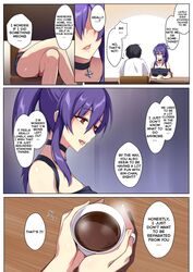  1boy1girl beverage black_hair brother_and_sister choker close-up comic crossed_legs dialogue english_text female male male/female original original_character ponytail punopupupu purple_hair red_eyes short_hair shorts sitting text white_skin zeroshiki_kouichi 