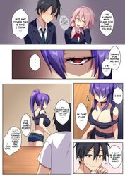  1boy 2girls big_breasts black_hair blush breasts brother_and_sister cleavage close-up color comic dialogue english_text female frown large_breasts male original original_character pink_eyes pink_hair punopupupu purple_hair red_eyes short_hair shorts speech_bubble text white_skin yandere zeroshiki_kouichi 