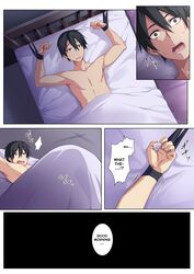  1boy bed bedroom black_hair color comic english_text forced imminent_rape male male_focus male_only on_back on_bed open_mouth original original_character punopupupu restrained scared shocked short_hair solo solo_focus solo_male surprised text tied_up topless wide_eyed zeroshiki_kouichi 