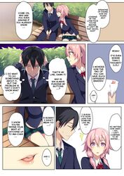  big_breasts black_hair breasts clenched_teeth close-up color comic dialogue english_text lips medium_hair original original_character outdoors outside pink_eyes pink_hair public punopupupu school_uniform schoolgirl short_hair sitting skirt speech_bubble text zeroshiki_kouichi 