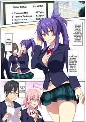  1boy big_breasts breasts brown_eyes color comic dialogue english_text long_hair medium_hair multiple_boys original original_character outside pink_eyes pink_hair public punopupupu purple_hair red_eyes school_uniform schoolgirl short_hair skirt text white_skin zeroshiki_kouichi 