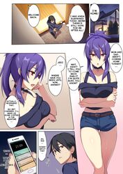  1boy1girl black_hair breasts brother_and_sister choker color comic crossed_arms dialogue english_text female long_hair looking_at_viewer looking_back male male/female original original_character phone ponytail punopupupu purple_hair red_eyes short_hair shorts speech_bubble text thighs white_skin zeroshiki_kouichi 