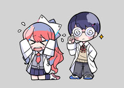  &gt;_&lt; 1boy adjusting_eyewear arms_up black_legwear black_pants blue_footwear blue_skirt blush_stickers bow buttons cardigan chibi closed_eyes closed_mouth coke-bottle_glasses commentary crying female flying_teardrops glasses grey_background grey_cardigan hair_between_eyes hair_ornament hair_ribbon hairbow hairclip hand_in_pocket indie_utaite kneeling lab_coat long_hair magnet nanawo_akari neck_ribbon necktie official_art open_mouth pants pink_footwear ponytail red_hair red_necktie red_ribbon ribbon school_uniform shoes short_necktie sidelocks simple_background skirt sleeves_past_fingers sleeves_past_wrists socks sou_(utaite) sparkle standing sweater_vest teeth terada_tera triangle turing_love upper_teeth_only utaite uwabaki v-shaped_eyebrows very_long_hair white_footwear white_ribbon yellow_sweater_vest 