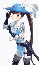  armor black_gloves black_survival black_thighhighs blue_hat blue_shirt brown_hair cavalier_hat commission contrapposto cowboy_shot eternal_return:_black_survival feathers female fiora_pellerin gloves green_eyes hand_up hat highres long_hair looking_at_viewer minn_(kangjm1107) musketeer pants parted_lips pauldrons ponytail sheath shirt shoulder_armor single_pauldron solo standing sweatdrop thighhighs very_long_hair white_pants 