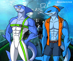  6:5 abs absurd_res alkan anthro blue_body clothed clothing duo fish hi_res kashiver male male/male marine multicolored_body muscular muscular_anthro muscular_male navel off_shoulder open_clothing red_eyes rova_(alkan) shark two_tone_body yellow_eyes 