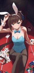  absurdres animal_ears arm_up armpits bare_arms bare_shoulders black_survival blue_leotard bow bowtie breasts brown_hair brown_pantyhose card cleavage closed_mouth collarbone detached_collar dice eternal_return:_black_survival fake_animal_ears female fiora_pellerin frown green_eyes hair_ribbon hairband highleg highleg_leotard highres knee_up leotard long_hair looking_at_viewer medium_breasts minn_(kangjm1107) pantyhose playboy_bunny playing_card ponytail rabbit_ears ribbon sitting solo strapless strapless_leotard thighband_pantyhose v-shaped_eyebrows very_long_hair wrist_cuffs 