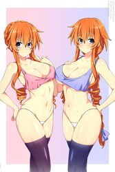  2girls asymmetrical_docking bare_shoulders braid braided_ponytail breast_press breasts cleavage closed_mouth collarbone commentary crop_top date_a_live english_commentary gradient_background hair_between_eyes hair_ribbon hand_on_own_chest hand_on_own_hip hand_up highleg highleg_panties highres large_breasts light_smile lindaroze long_hair looking_at_viewer multiple_girls no_pants orange_hair paid_reward_available panties pink_background purple_background purple_thighhighs ribbon ringlets siblings sisters skindentation thighhighs thighs twins twitter_username underboob underwear very_long_hair watermark web_address yamai_kaguya yamai_yuzuru 