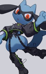  :o bad_id bad_twitter_id clothed_pokemon commentary cropped_jacket furry garter_straps grey_background jacket koyama_miki looking_at_viewer open_mouth pokemon pokemon_(creature) red_eyes riolu signature simple_background solo symbol-only_commentary toes zipper zipper_pull_tab 